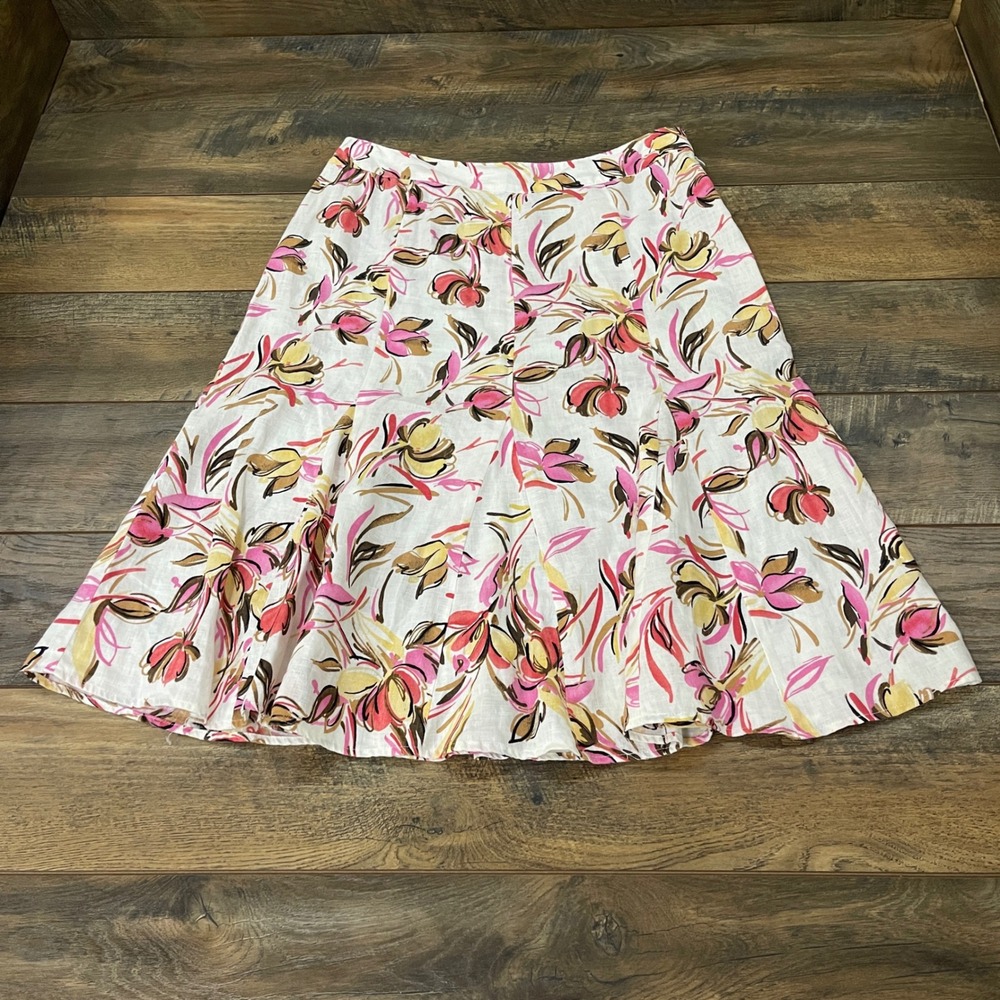 JM Collection Womens Pink Yellow Floral 100% Linen A-Line Midi Skirt Size 12